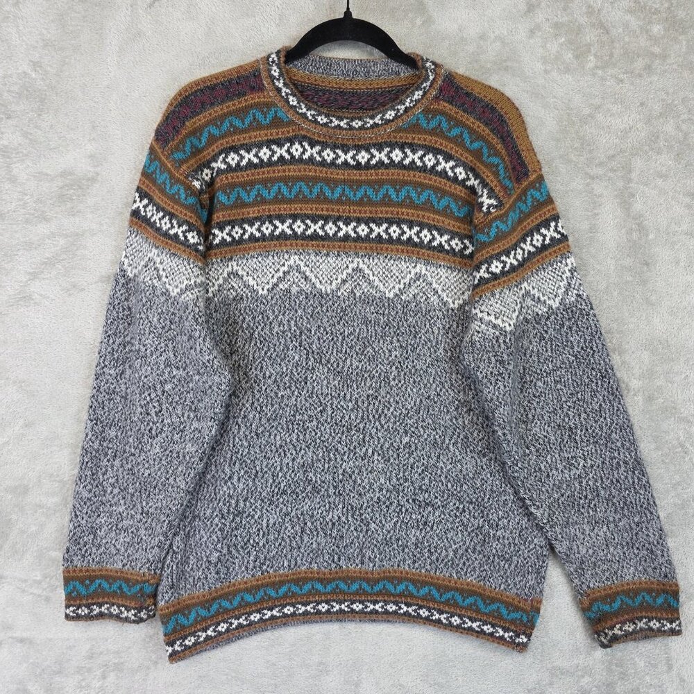 Fair Isle Sweater Womens Medium Gray Knit Winter Ski Pattern Crewneck Pullover